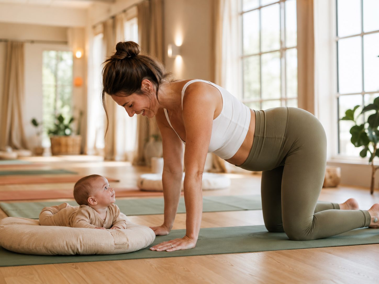 A mum practising postnatal yoga on a mat, smiling down at her baby lying on a cushion beside her